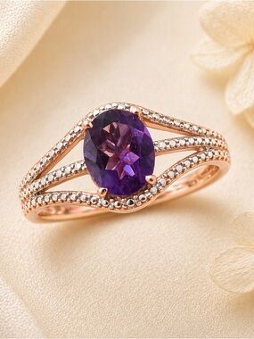 Genuine African Amethyst Ring 18K Rose Gold Plated Brass Oval Purple Ring Size 7